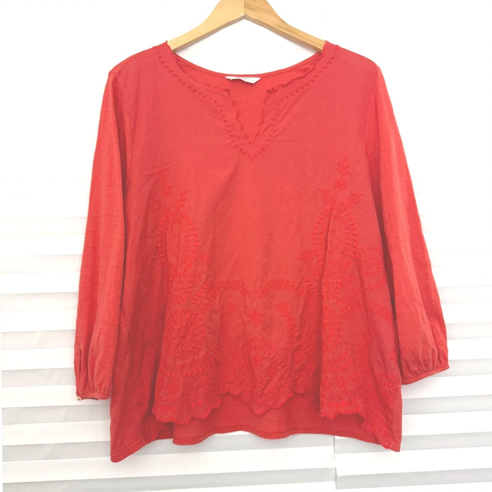Lucky Brand Embroidered Eyelet Scallop Hem Peasant Top XL Boho Slub Knit